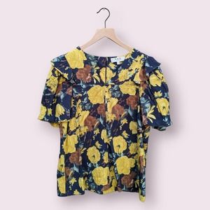 Sea New York Women's Floral Puff Sleeve Blouse, Blue Yellow, Size 6